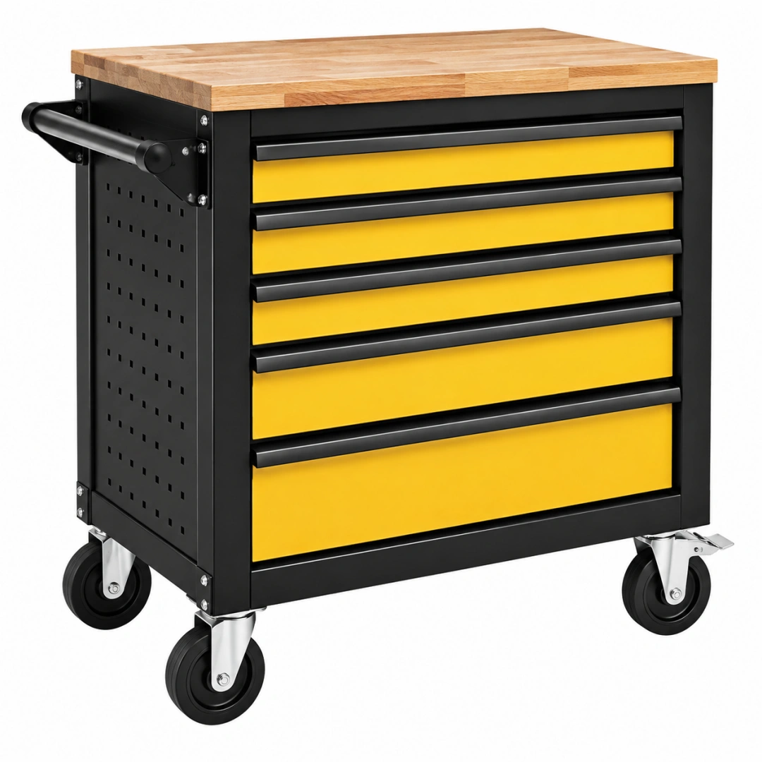 Carro de herramientas 77 x 46 x 97 cm de acero negro y amarillo con encimera de madera y 5 cajones