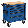 Carro de herramientas 80 x 50 x 95 cm de acero azul con encimera de madera y 5 cajones