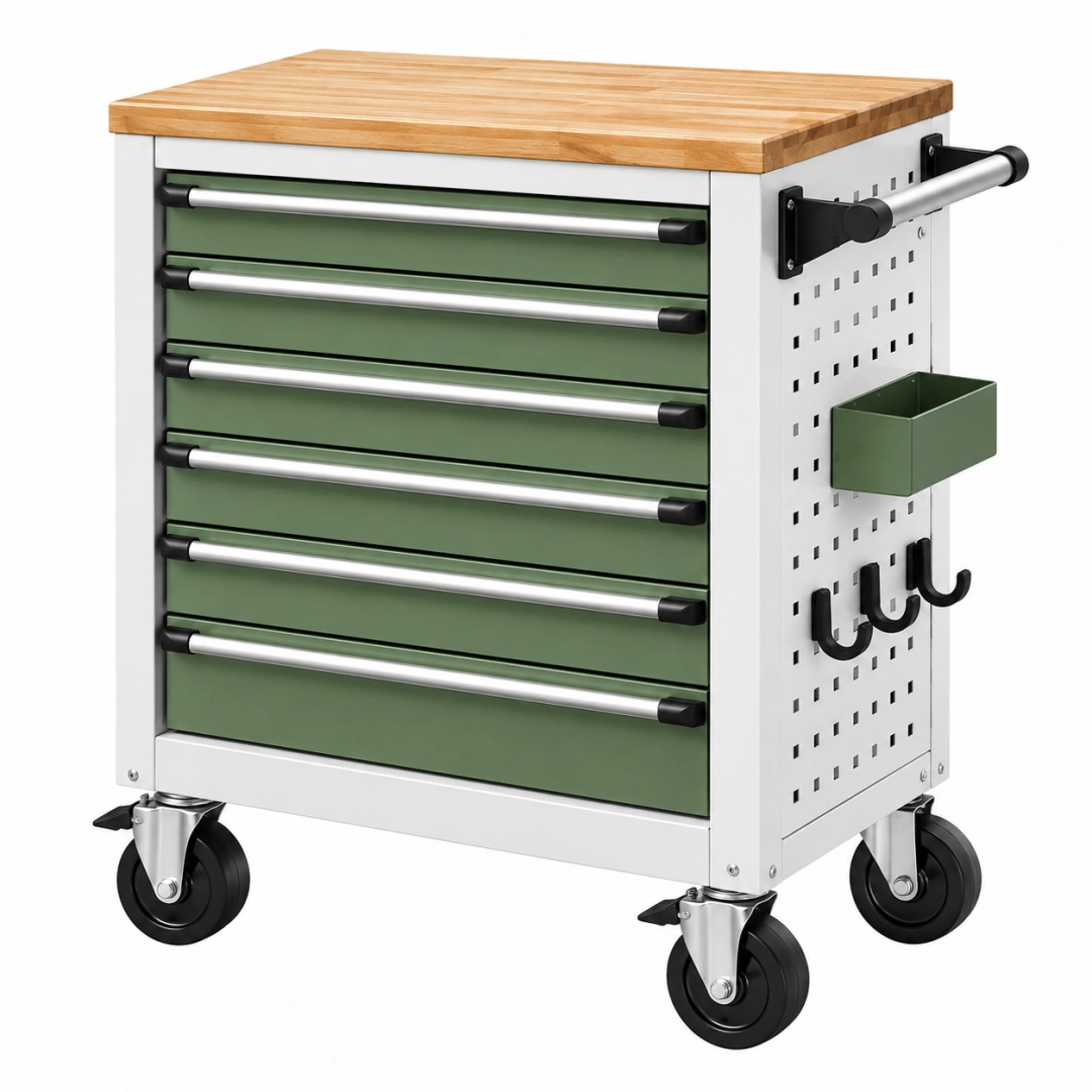 Carro de herramientas 75 x 46 x 95 cm de metal verde con encimera de madera y 7 cajones móviles