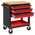 Carro de herramientas 85 x 45 x 95 cm de acero y madera rojo negro con 3 cajones y ruedas