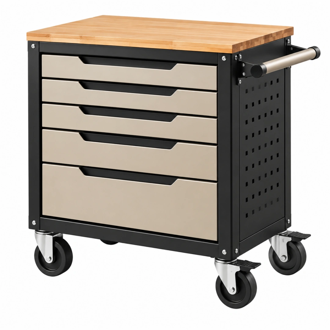 Carro de herramientas 76 x 46 x 90 cm de acero negro con encimera de bambú y 5 cajones móvil
