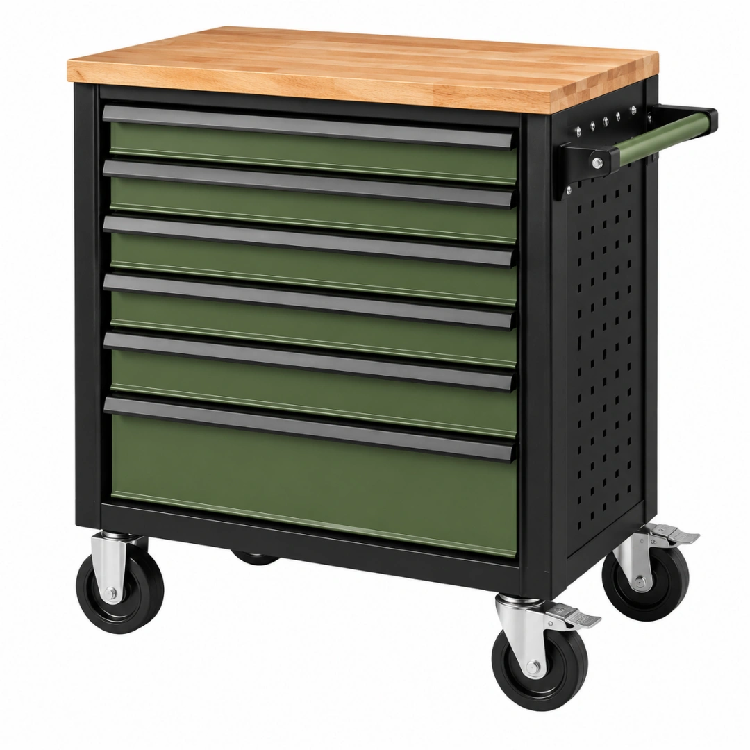 Carro de herramientas 76 x 46 x 95 cm de acero negro y verde con encimera de madera y ruedas