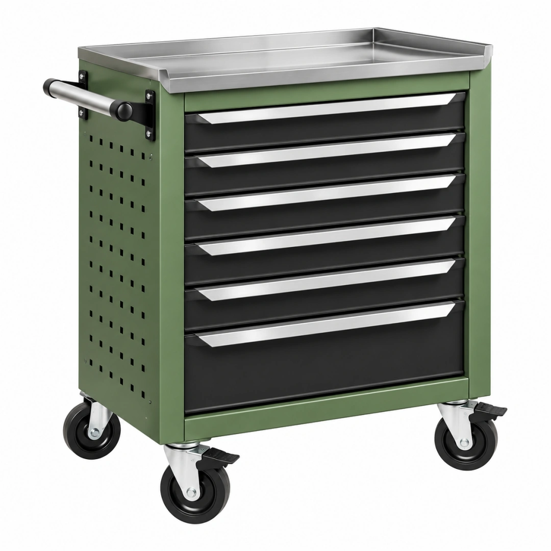 Carro de herramientas 78 x 46 x 92 cm de acero verde con 6 cajones y ruedas