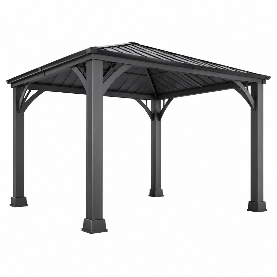 Pérgola de jardín 300 x 300 x 270 cm de acero negro con techo a dos aguas