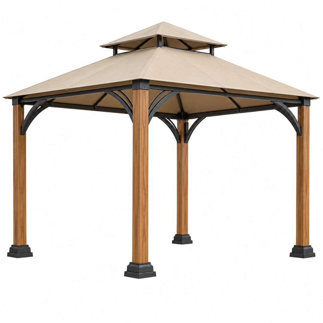 Cenador de jardín 300 x 300 cm - estructura metálica efecto madera y cubierta beige - ventilado para exterior