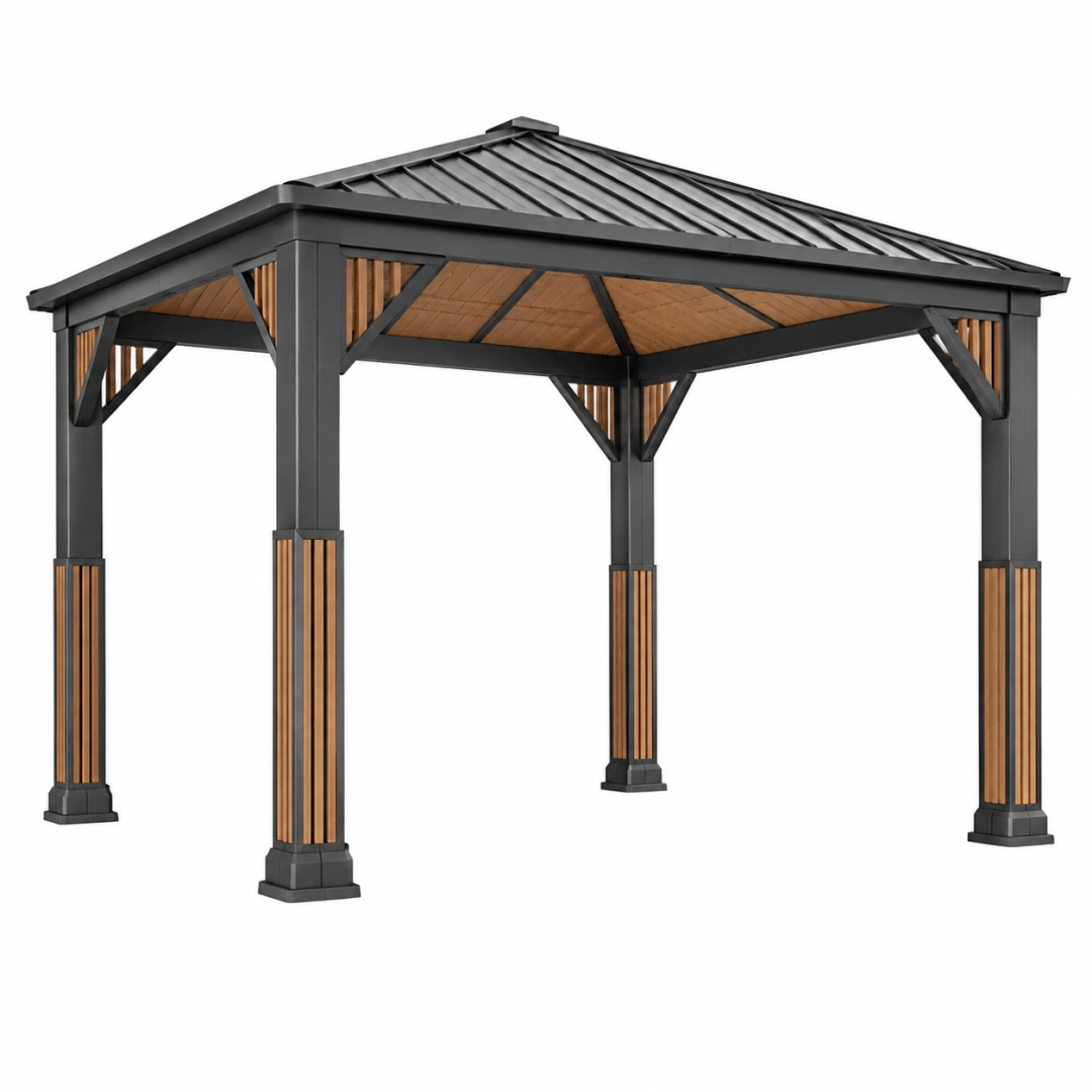Pérgola de jardín 300 x 300 x 290 cm de metal negro y madera estilo moderno con techo inclinado