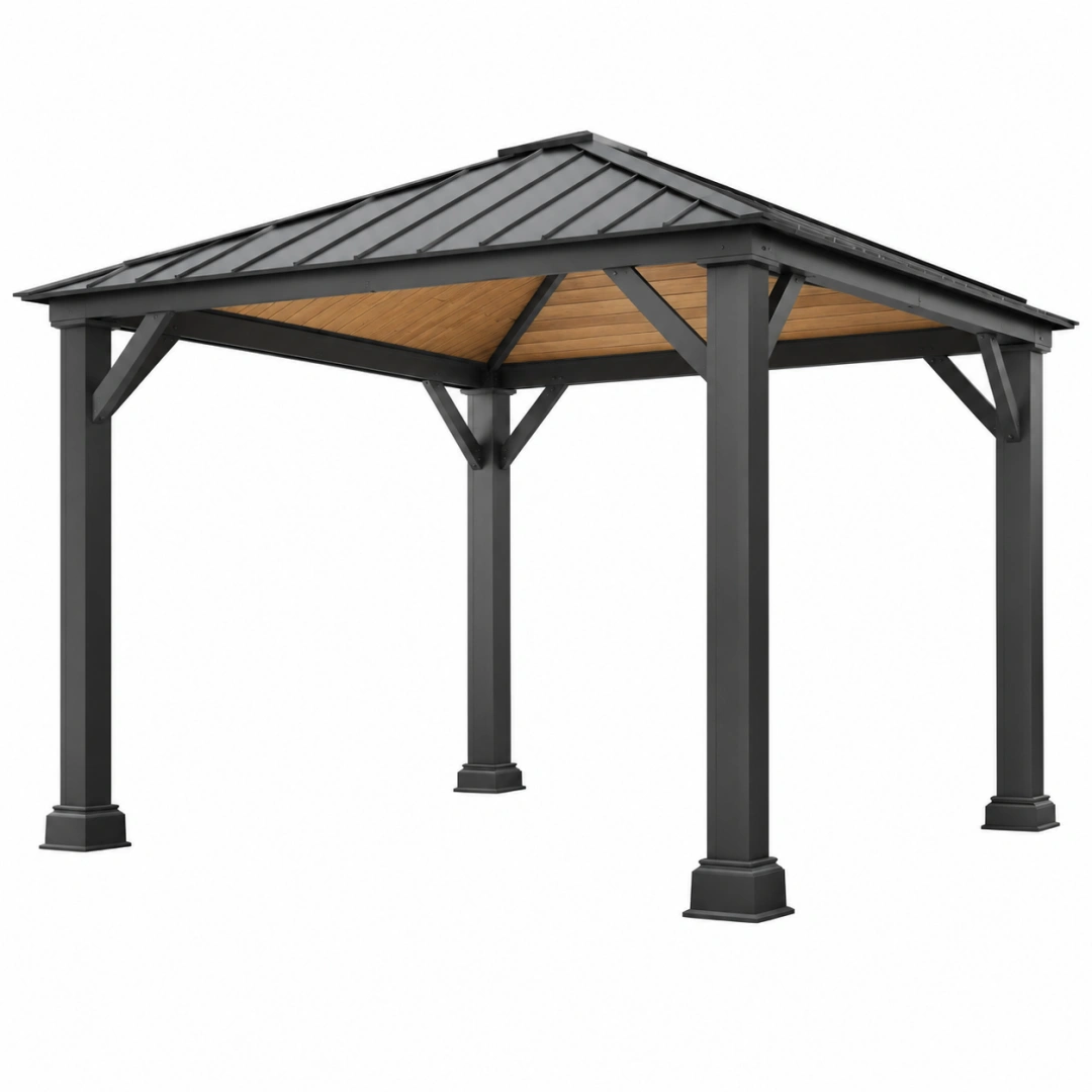 Pérgola de jardín 300 x 300 x 290 cm de acero negro con techo metálico estilo contemporáneo