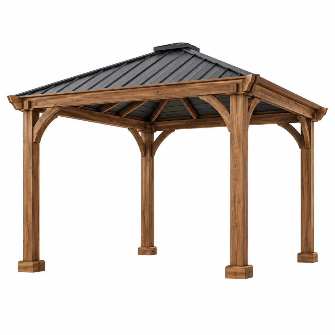 Cenador de jardín 300 x 300 x 280 cm de madera y acero marrón con techo gris