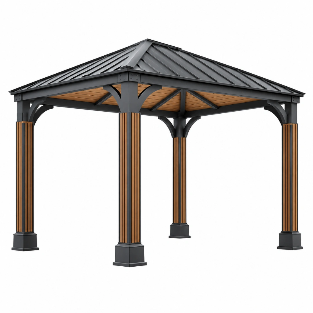 Cenador 300 x 300 x 280 cm de acero negro con detalles color madera - cubierta metálica para jardín