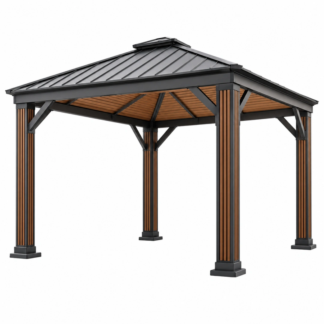 Cenador 300 x 300 x 300 cm de acero negro y acabado madera - estructura exterior con techo