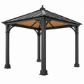 Pérgola 300 x 300 x 300 cm de acero negro y madera - cenador de jardín con techo a cuatro aguas