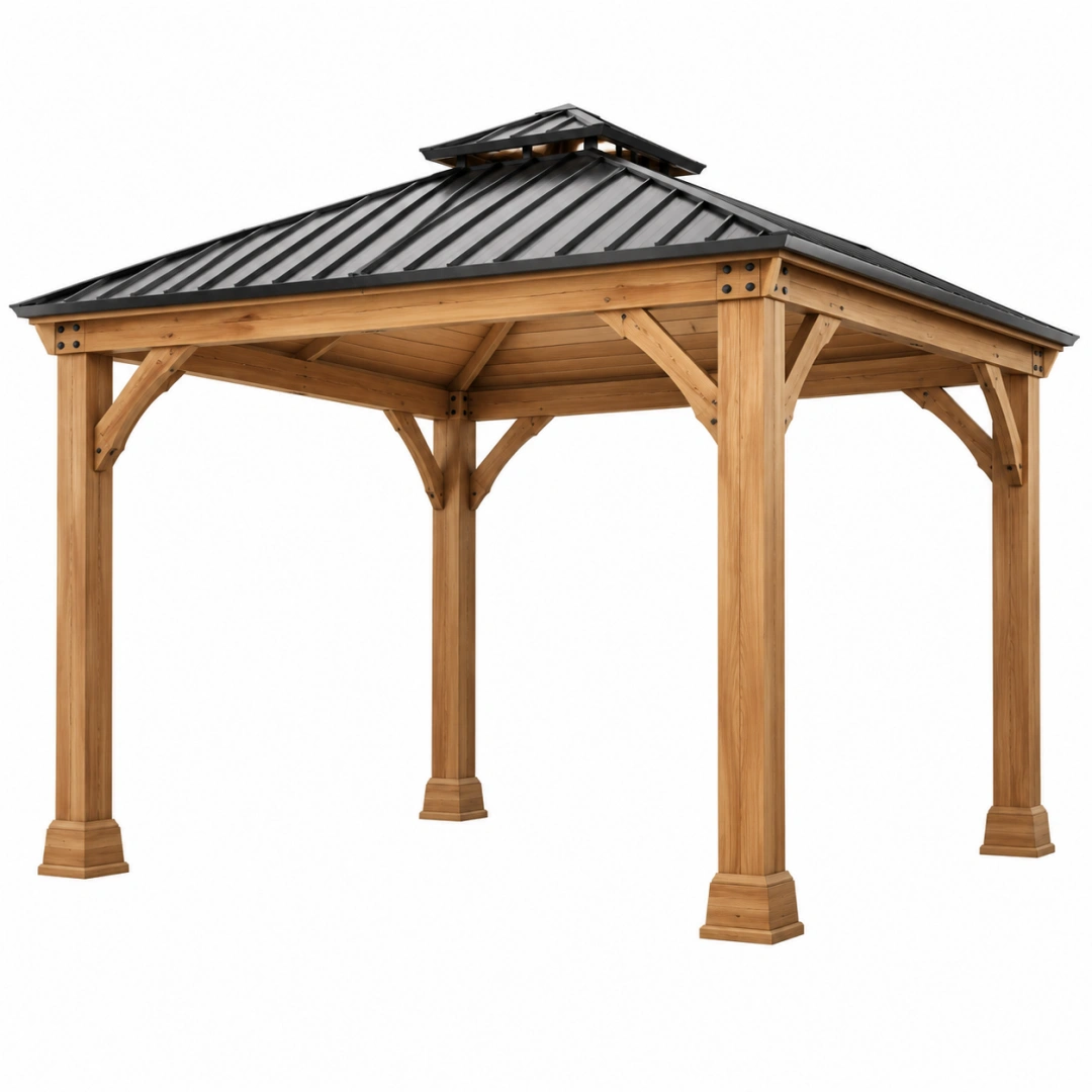 Pérgola de jardín 300 x 300 x 300 cm de madera y metal marrón/negro con techo a cuatro aguas