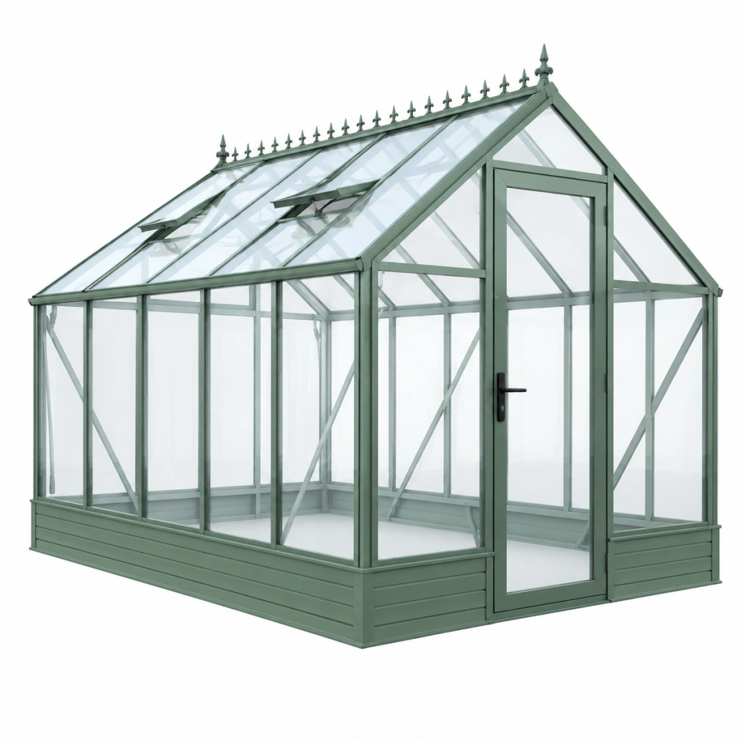Invernadero 300 x 200 x 250 cm de aluminio verde con paneles transparentes estilo victoriano