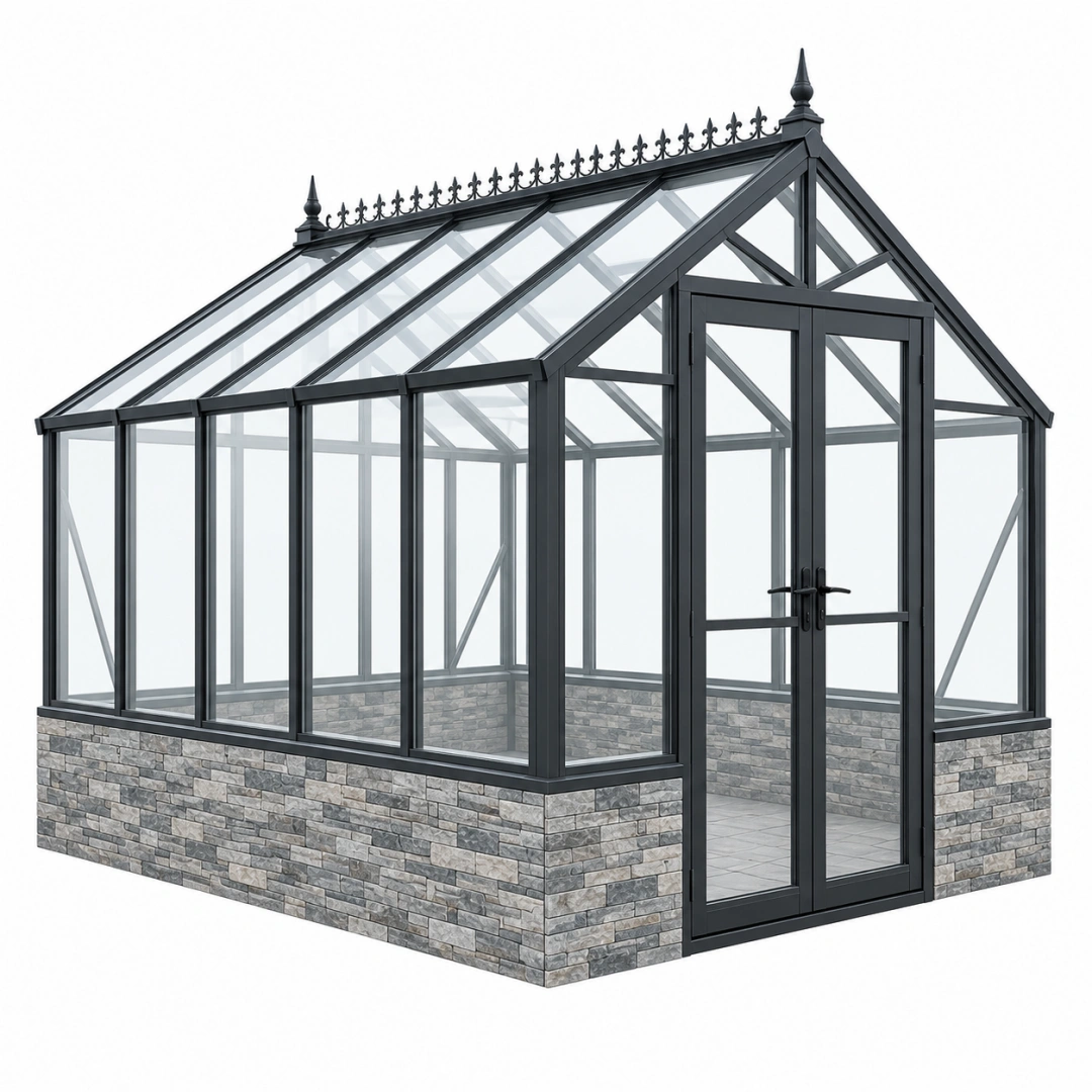 Invernadero de jardín 300 x 240 x 280 cm de metal y vidrio negro - estilo victoriano con puerta doble