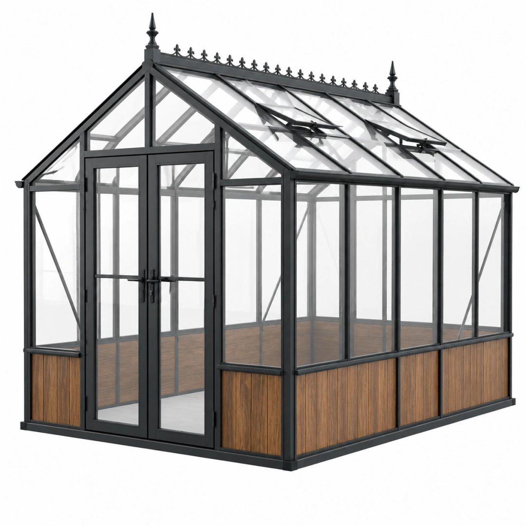 Invernadero de jardín 240 x 180 x 250 cm - estructura metálica negra y paneles transparentes estilo victoriano
