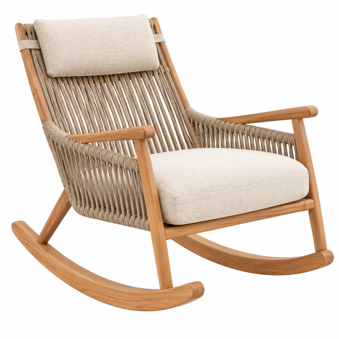 Mecedora 110 x 70 x 100 cm de madera y cuerda beige para interior con reposabrazos