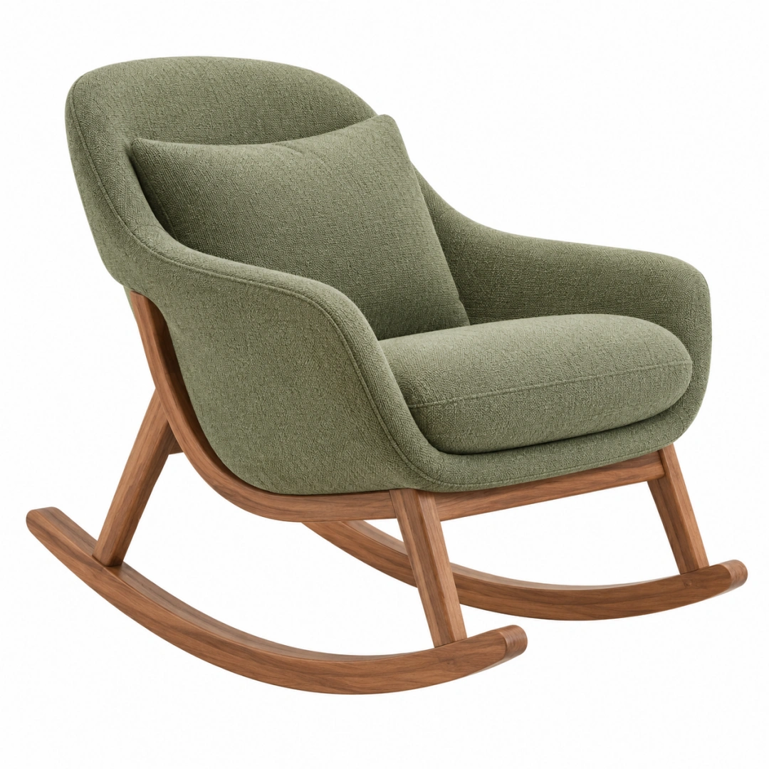 Sillón mecedora 75 x 95 x 98 cm de tela verde y madera con respaldo envolvente