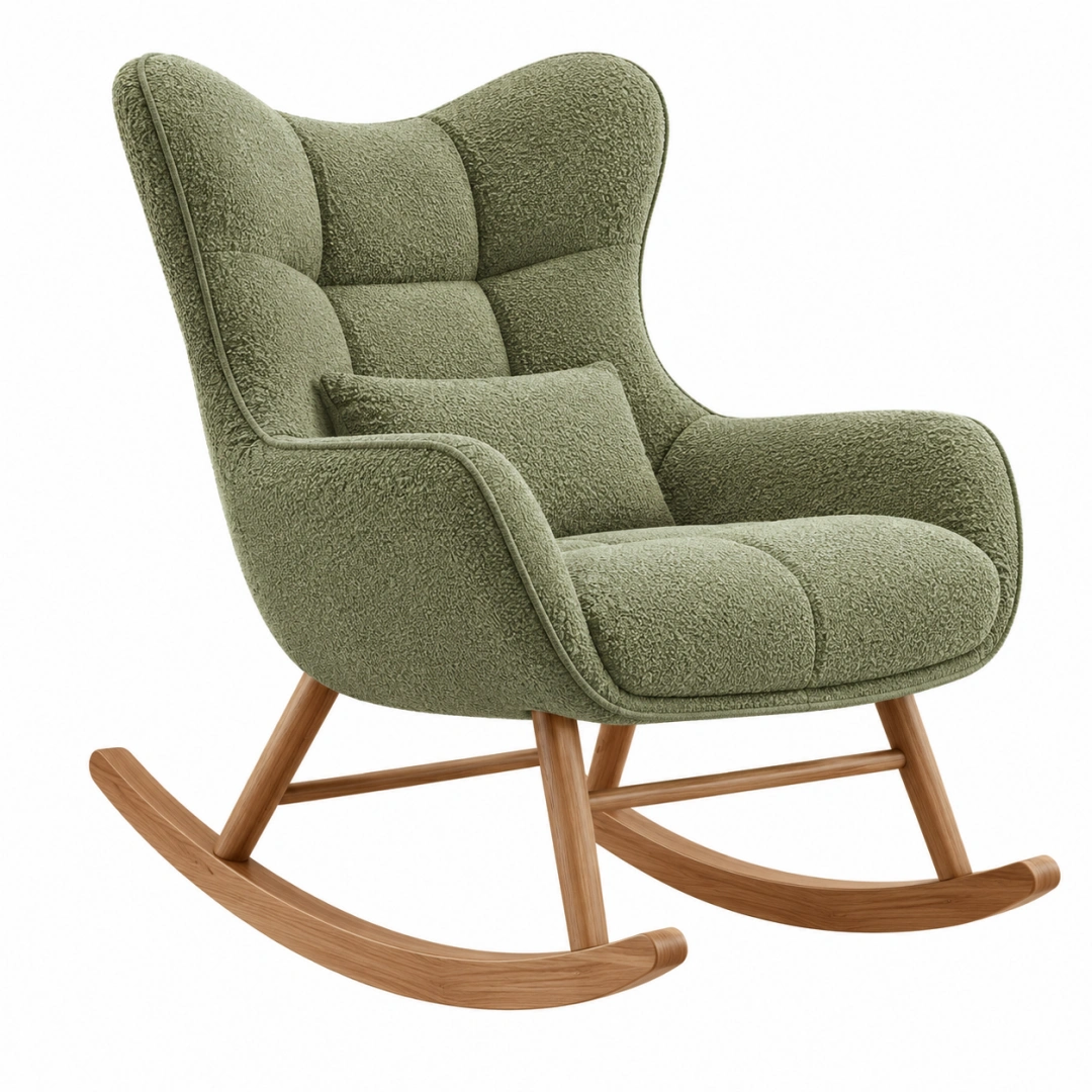 Sillón mecedora 75 x 95 x 100 cm de tela verde y madera con respaldo alto