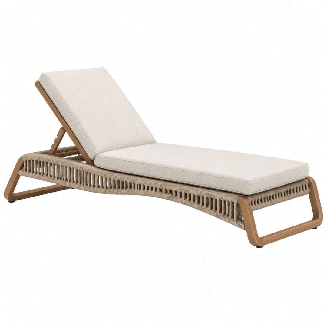 Tumbona de exterior 200 x 70 cm de madera y cuerda beige con respaldo regulable