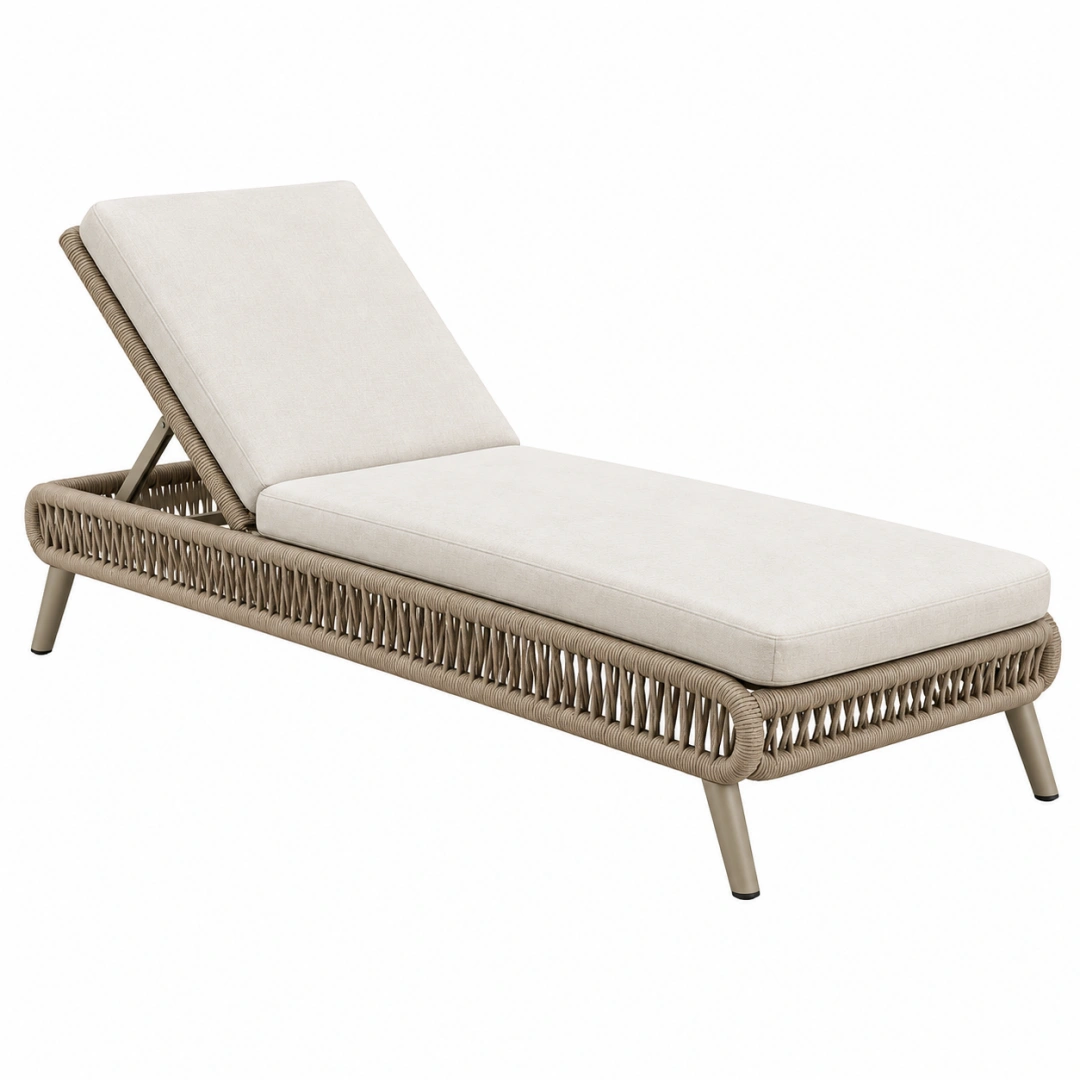 Tumbona 200 x 70 cm de ratán sintético beige con respaldo reclinable para exterior