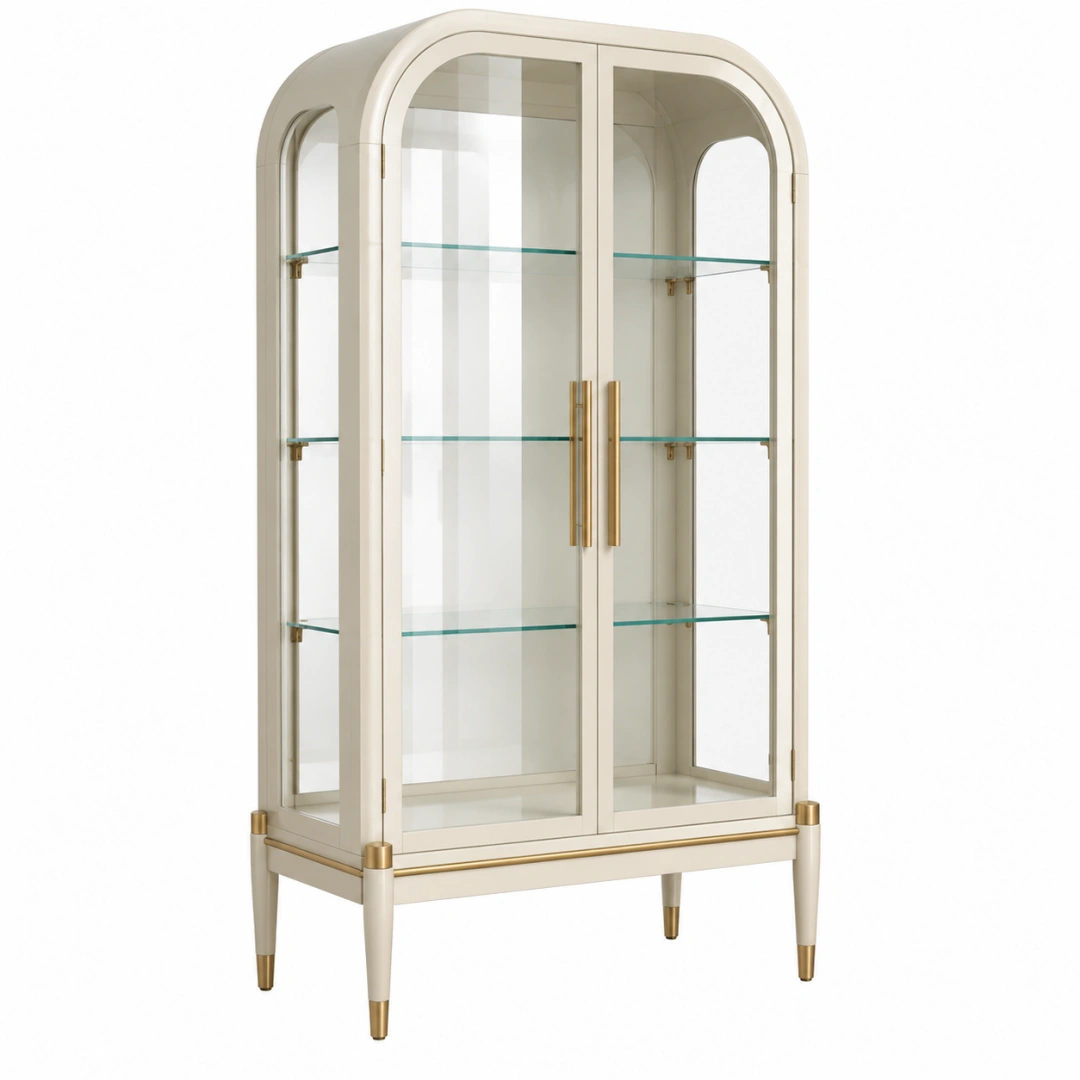 Vitrina 90 x 45 x 180 cm de madera y vidrio crema dorado estilo contemporáneo