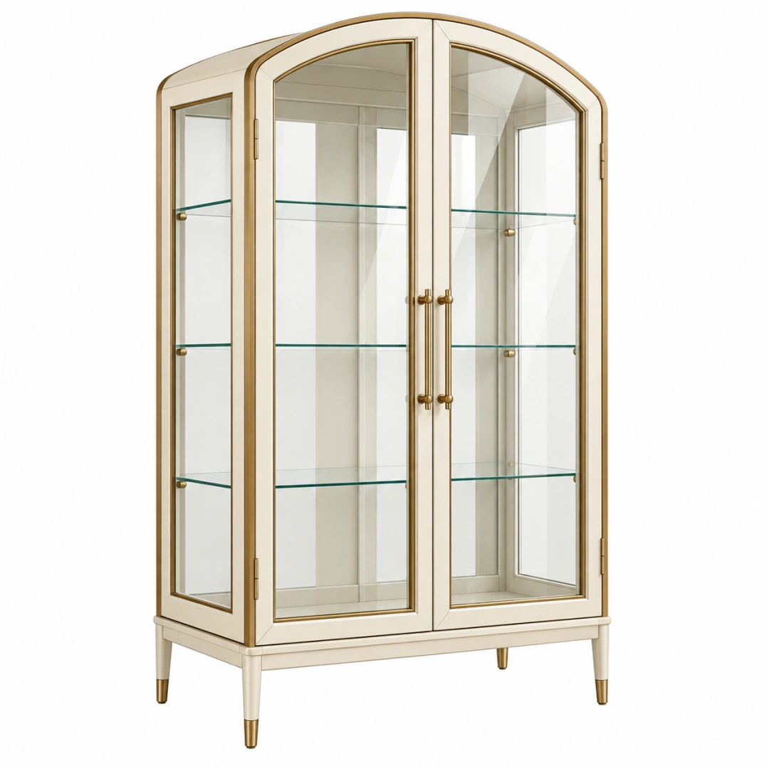 Vitrina 100 x 45 x 190 cm de madera y cristal crema dorado con 2 puertas para salón