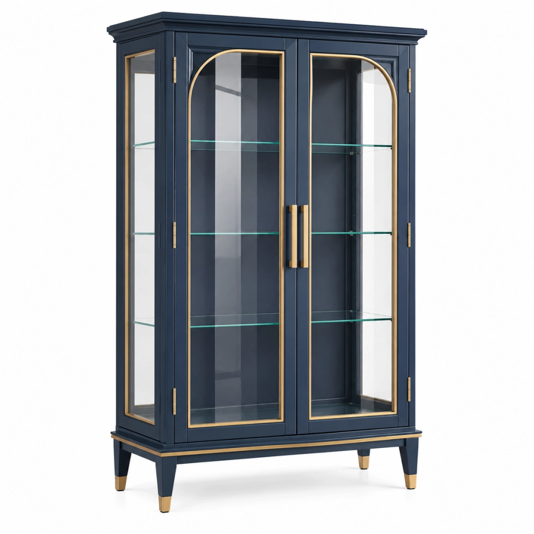 Vitrina 100 x 45 x 190 cm de madera y vidrio azul marino y dorado de estilo clásico